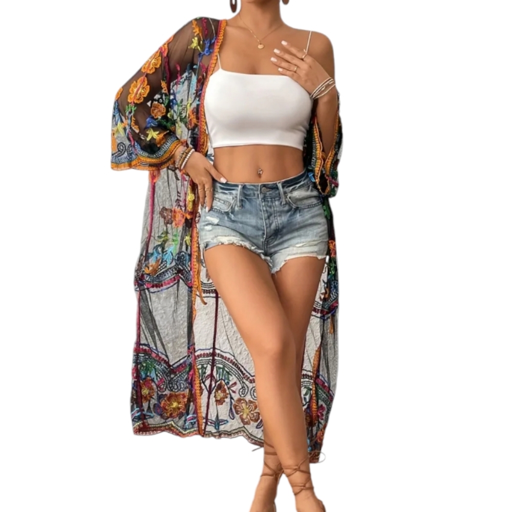 Pink and Black Kimono Swim Coverup with Dramatic Sleeves - Picture 14 of 15